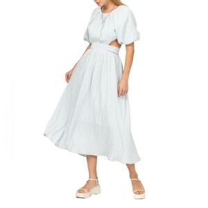 Elegant Cut-Out Light Blue Midi Dress with Puff Sleeves